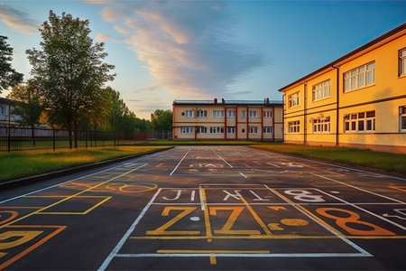 Evening school building and yard Hopscotch game on schoolyard asphalt playgroundの素材