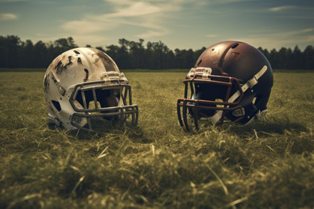 Football and helmets on the fieldの素材