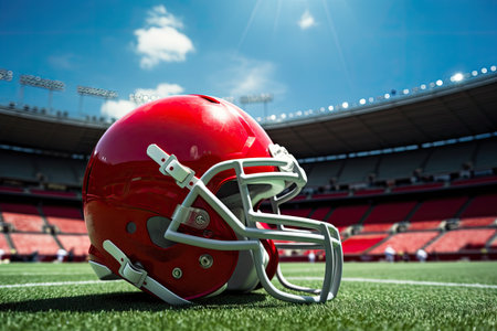Football helmet raised at stadiumの素材