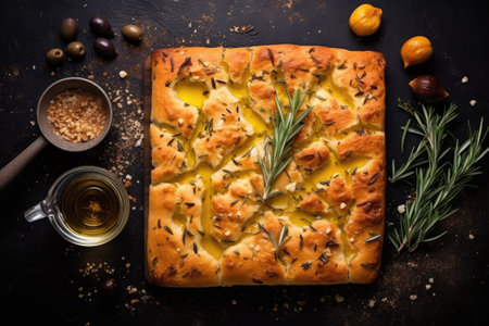 Homemade pie with cheese, rosemary and nuts on a dark backgroundの素材
