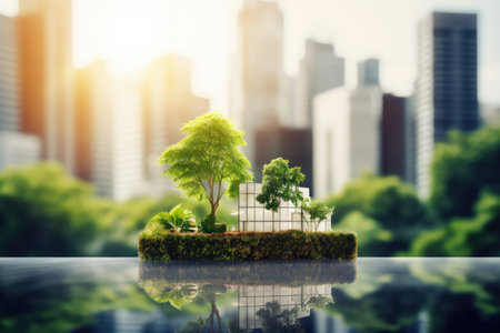 Ecology concept with green tree on glass table and city background.の素材