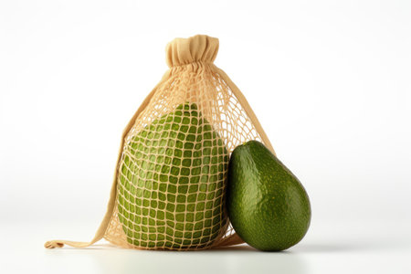Fresh healthy avocado in a sustainable net bag on white backgroundの素材