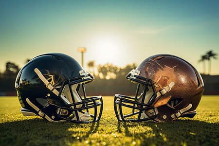 Football and helmets on the fieldの素材