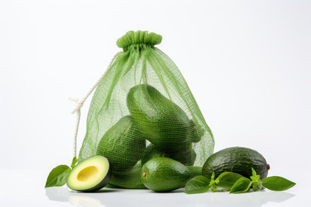 Fresh healthy avocado in a sustainable net bag on white backgroundの素材