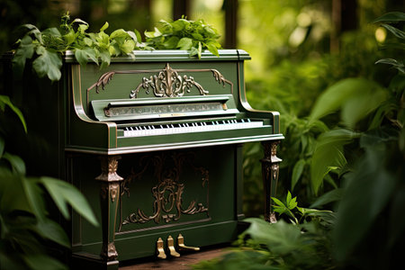 Green leaves surround a vintage wooden pianoの素材