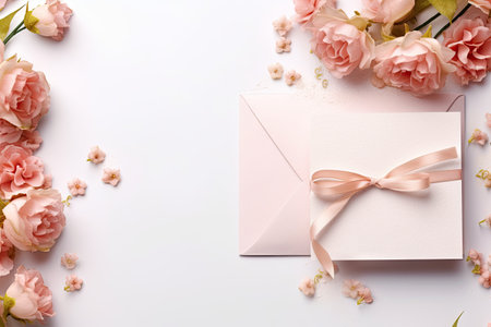 Greeting card design with gift concept flowers and envelope on white background invitation for congrの素材