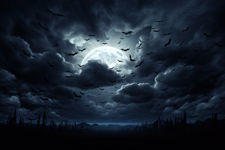 Halloween moon with clouds and bats at nightの素材