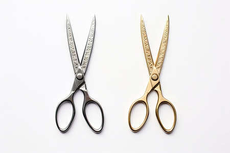Gold and silver scissors isolated on white background top view copy space Tailor and barber imageryの素材