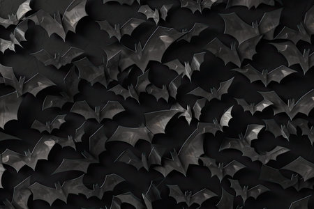 Halloween theme seamless pattern of black paper bats on greyの素材
