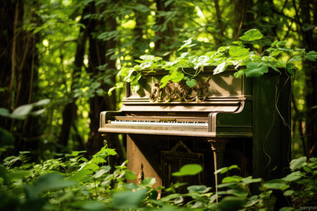 Green leaves surround a vintage wooden pianoの素材