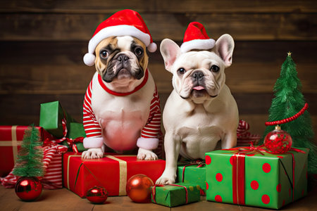 French Bulldogs dressed as comical Christmas tree and snowman with gift boxesの素材