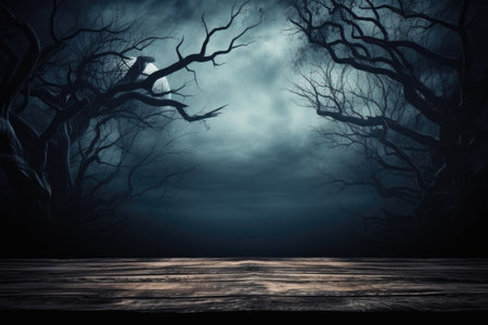 Halloween background with old wooden table and dead tree silhouette at nightの素材