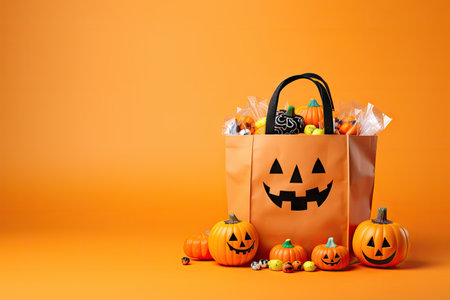 Halloween themed treats in a bag on an orange background with decorationsの素材