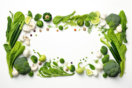 Green vegetables displayed in a white frameの素材