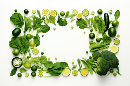 Green vegetables in a frame on a white background creating a unique kitchen pictureの素材