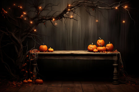 Halloween themed artwork displays old table candles branches scary night full moonの素材