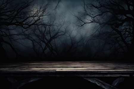 Halloween background with old wooden table and dead tree silhouette at nightの素材
