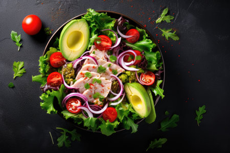 Healthy tuna salad with lettuce tomatoes avocado and onions French cuisine style top view flat layの素材