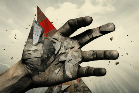 Modern digital art consisting of a conflict between geometric shapes and hand signals for rock paperの素材