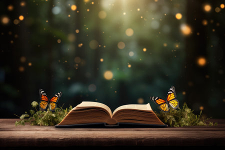 Nature book with butterflies on table representing knowledge and environmentの素材