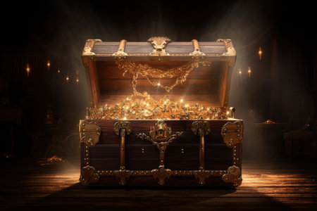 Mysterious treasure chest on wooden table with magical light and dark backdropの素材