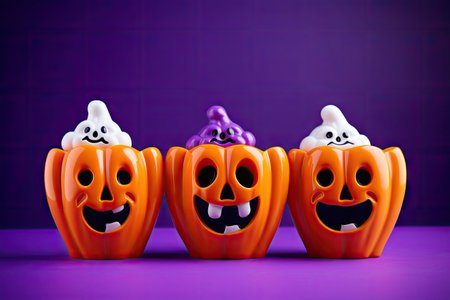 Halloween themed decorations with ghosts pumpkins and candy buckets on a neon purple background reprの素材