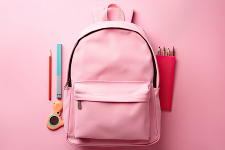 Pink background with top view of school supplies in backpackの素材