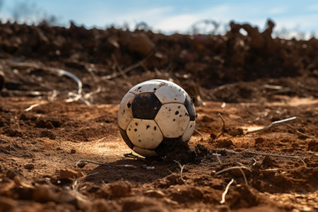 Pre game soccer ball sitting on dirt fieldの素材
