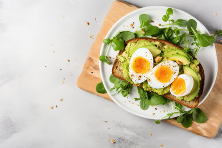 Over a light stone background there is a top view of avocado egg salad on breadの素材