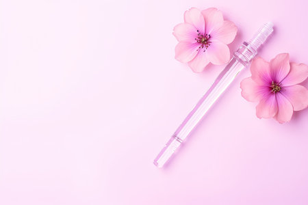 Pink flower and syringe on pink background View from above Cosmetic procedures concept Flat lay topの素材
