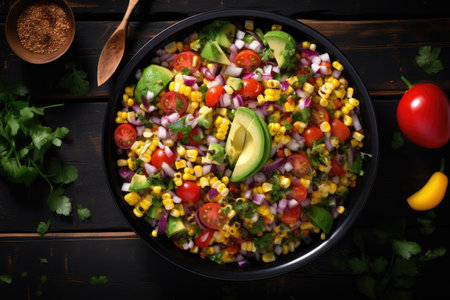 Mexican corn salad with avocado onions and tomatoes in a black bowl on a dark wood tableの素材