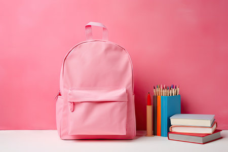 Pink school backpack on white table near color wall with books pencil case and markersの素材
