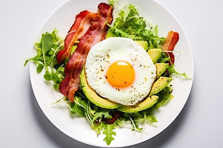 Nutritious paleo keto breakfast with eggs bacon avocado cheese and salad on a white plateの素材