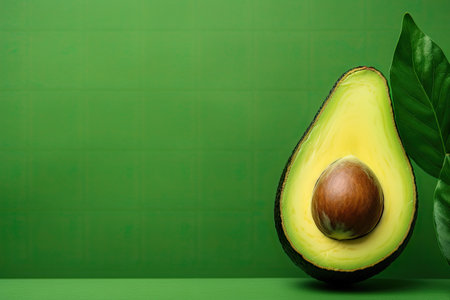 Minimalistic vegan picture of avocado within wooden frame on green backdropの素材