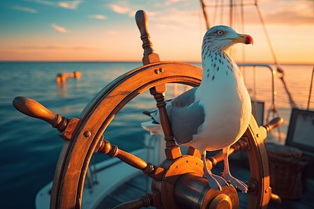Sailor s wheel on old ship at sea closeup Sunset marine skyline with seagullsの素材