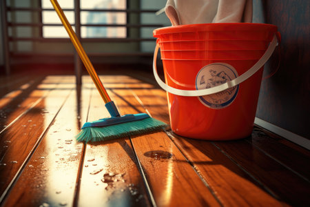 Close up of woman cleaning wooden floor with mop and bucket.の素材