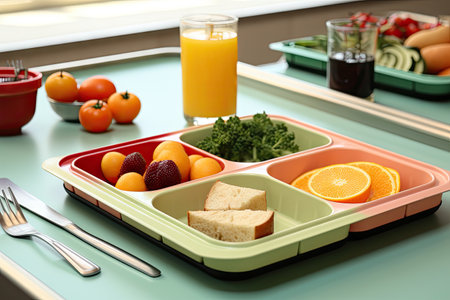 School lunch depicted with delectable food on traysの素材