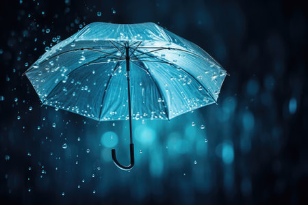 Rainy weather concept with transparent umbrella and water drops splashing in the backgroundの素材