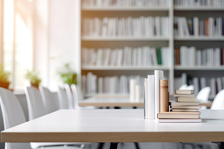 Shot of table with books stationery and space in study roomの素材