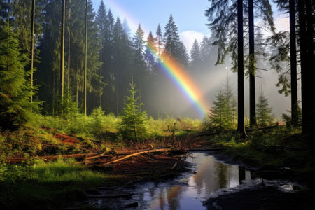 Rainbow in forest after rainの素材