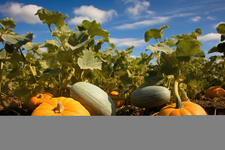 Abundant ripe pumpkin plants eagerly await harvestingの素材