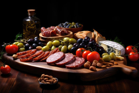 Assortment of exquisite items on a wooden board including cheese honey bread nuts dried fruits cherrの素材