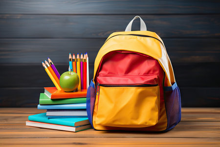 Back to school concept backpack with colored pencils and supplies on wooden tableの素材