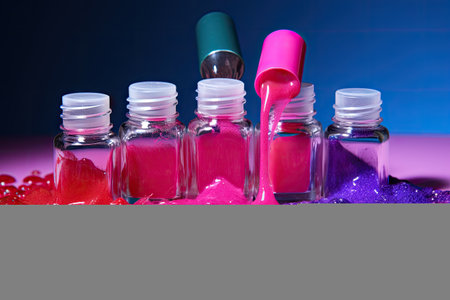 Bright nail polish spilling from bottles in pictureの素材