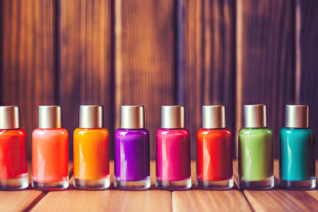 Colorful nail polishes on wooden board with retro filterの素材