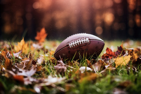Autumn themed football image with fallen leaves and a ball on grass on a crisp dayの素材