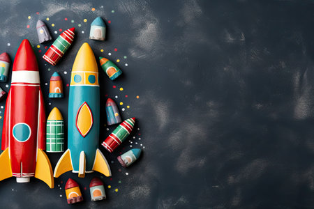 Flat lay banner design featuring a toy rocket chalkboard drawings and text spaceの素材