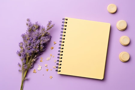Flat yellow background with violet notebook purple supplies and empty space for textの素材