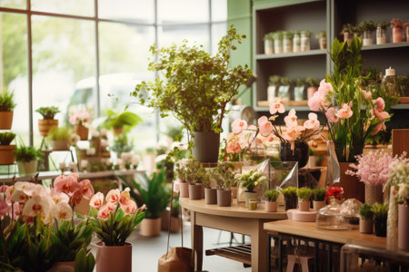 Flower shop studio decorations arrangements gifts delivery sale of plants in pots wooden showcase noの素材