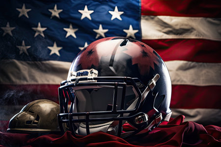 Field with USA flag American Football helmet and ballの素材